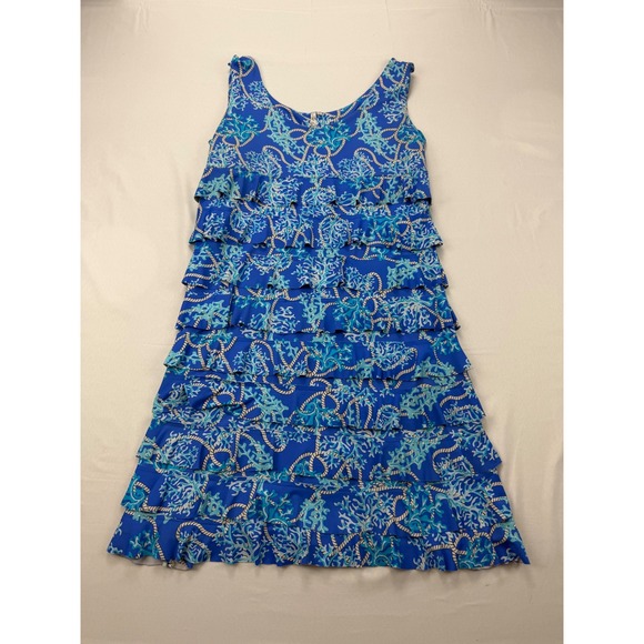 Lulu-B Dresses & Skirts - Lulu-B Tiered Ruffle Dress Women Large Blue Coral Rope Print Sleeveless Coastal